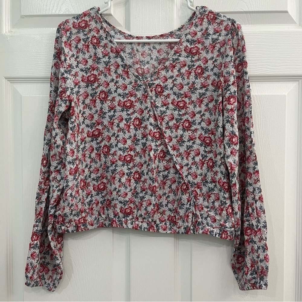 LOFT White Red Blue Floral Polka Dot V-Neck Faux Wrap Women's Blouse Shirt Top